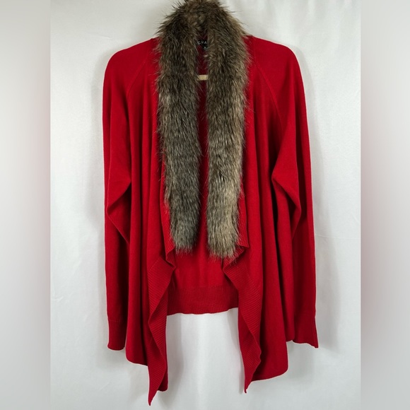 Chaus Red Womams XL Open Cardigan With Faux Fur Collar - Picture 8 of 8